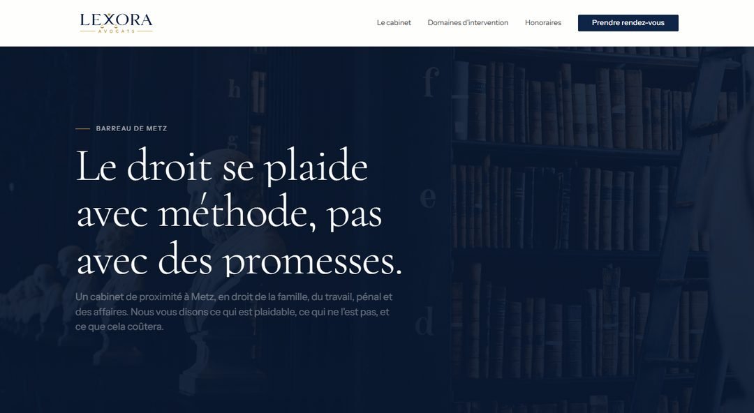 Page d'accueil du site Lexora Avocats : photographie sombre d'une bibliothèque juridique et titre « Le droit se plaide avec méthode, pas avec des promesses »