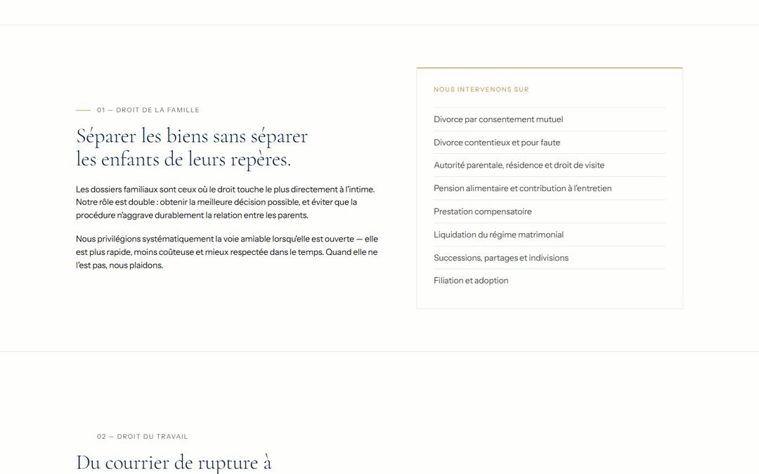 La page domaines de Lexora : le droit de la famille présenté en toutes lettres, avec la liste des situations traitées