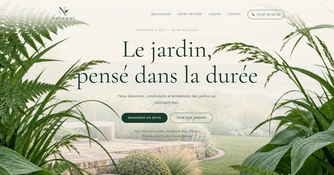 Page d'accueil du site Noverde : un jardin paysagé, le nom du paysagiste et un bouton de demande de devis