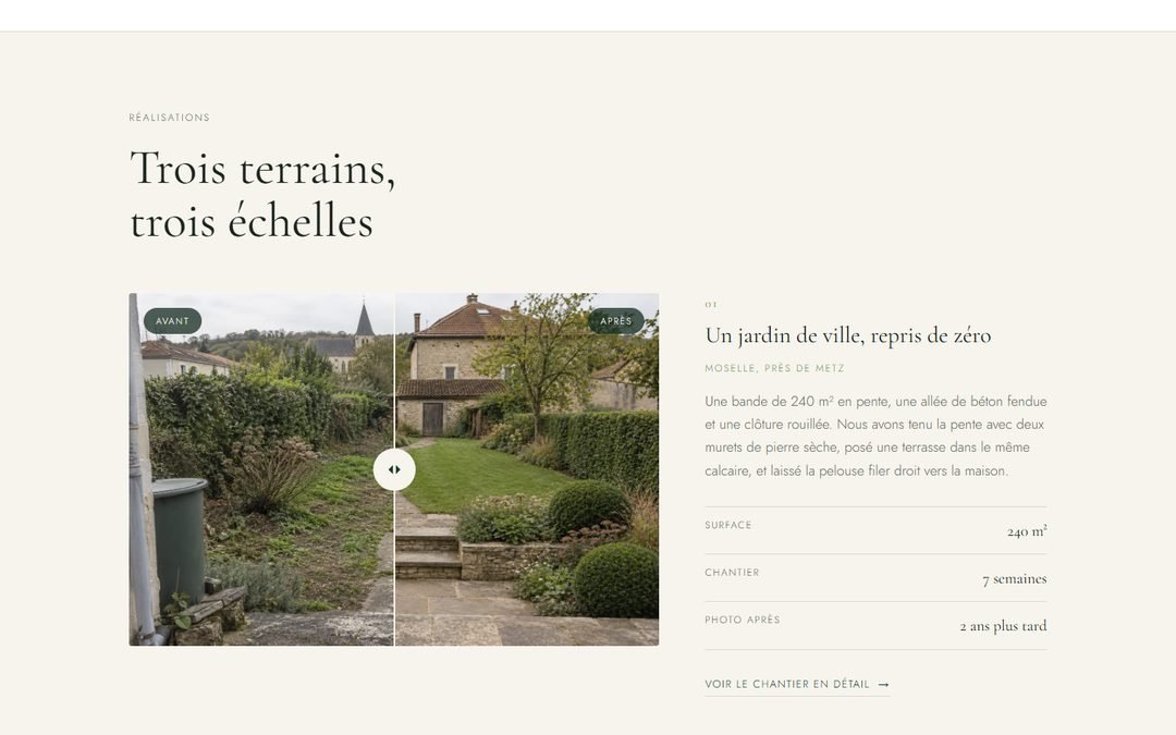 Une réalisation de Noverde : un curseur superpose la photo du terrain avant travaux et celle après, avec la surface, la durée du chantier et l'âge de la photo