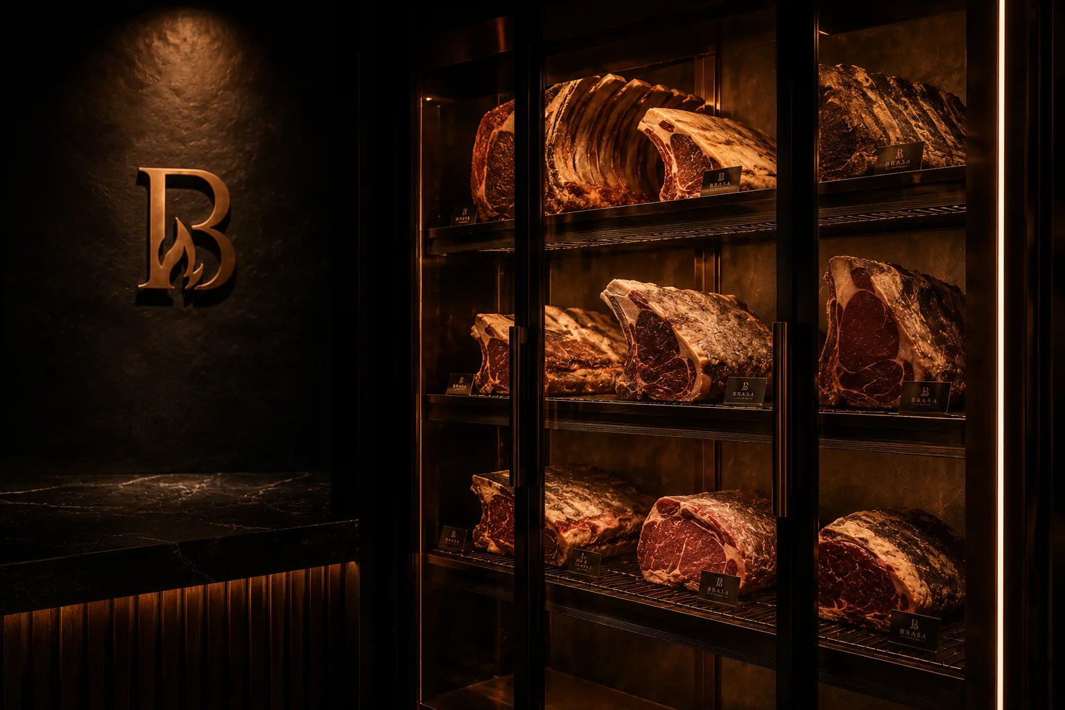Cave de maturation vitrée : côtes de bœuf sur claies, étiquetées BRASA