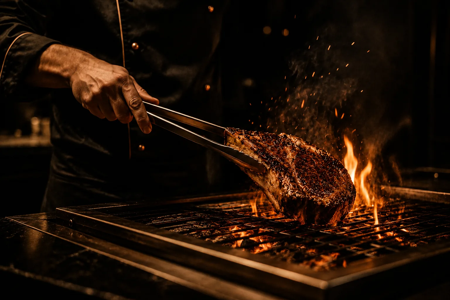 Le chef saisit une côte de bœuf à la pince au-dessus des flammes