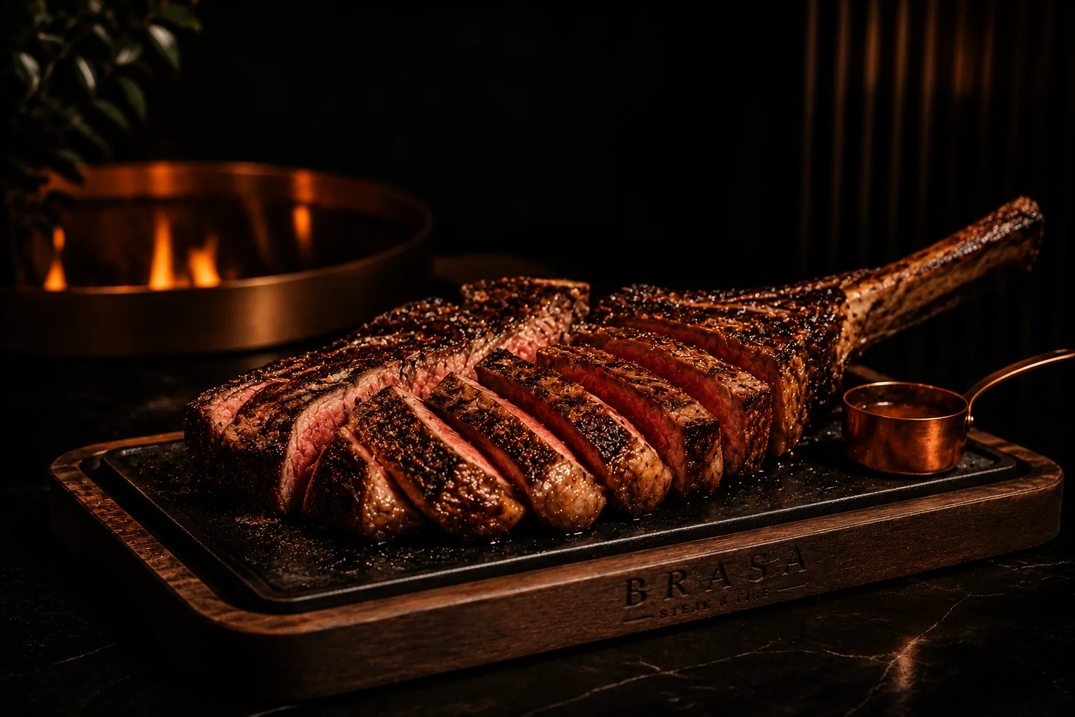 Côte de bœuf Simmental tranchée sur planche BRASA, foyer en arrière-plan
