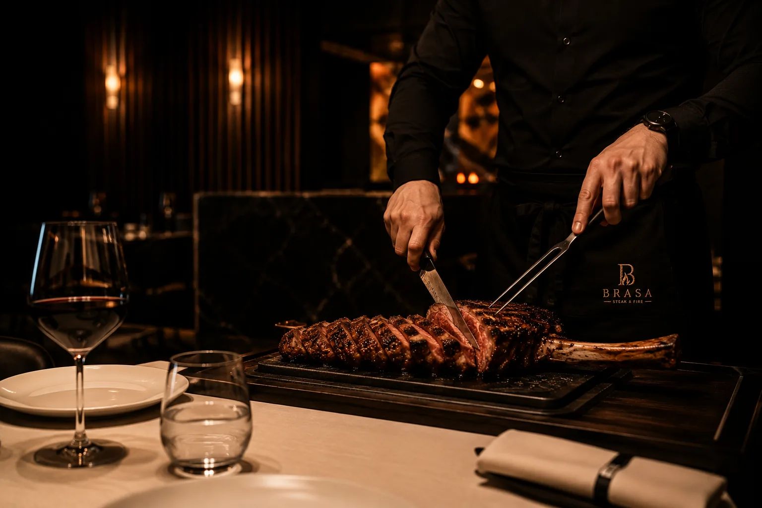 Un maître d'hôtel tranche une côte de bœuf à table, tablier BRASA
