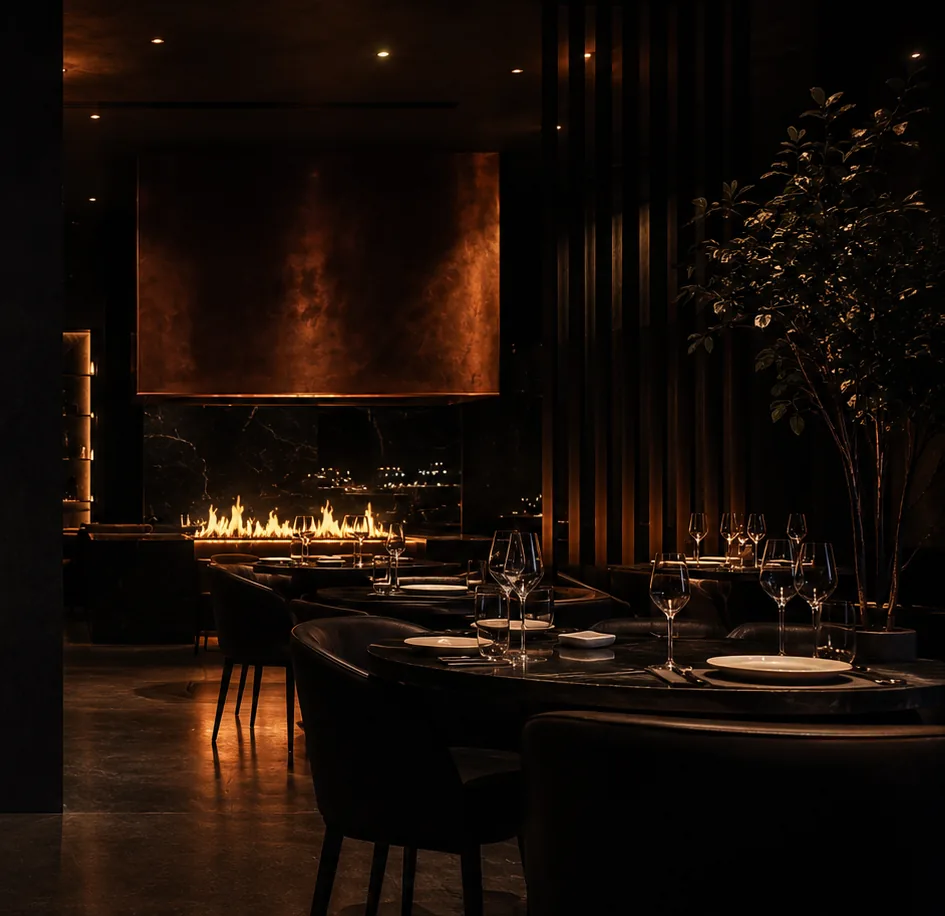 Foyer linéaire du restaurant et bouteilles en fond
