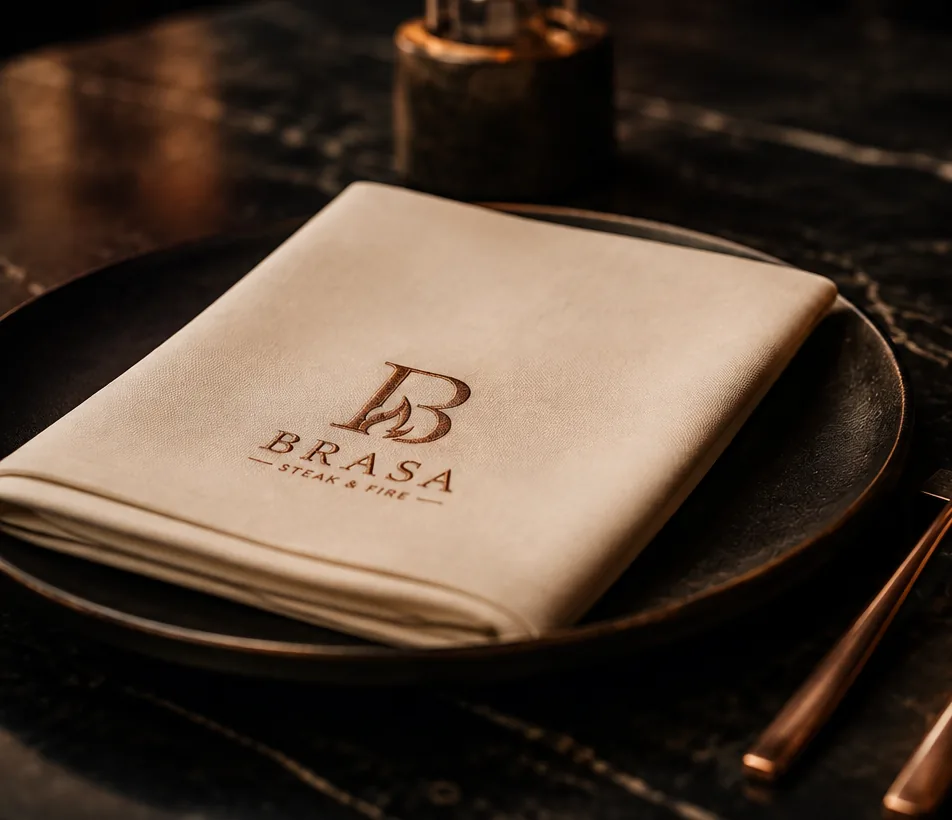 Serviette ivoire brodée du monogramme BRASA sur assiette noire