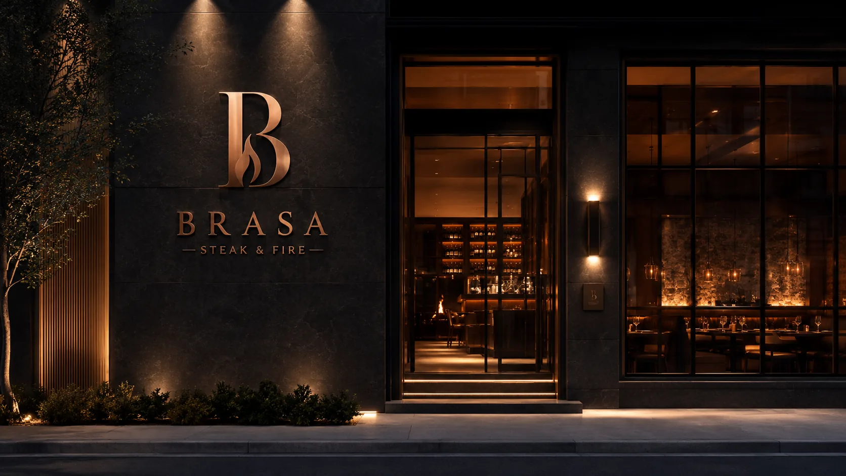Façade de BRASA la nuit : enseigne cuivre éclairée, entrée et vitrine sur la salle