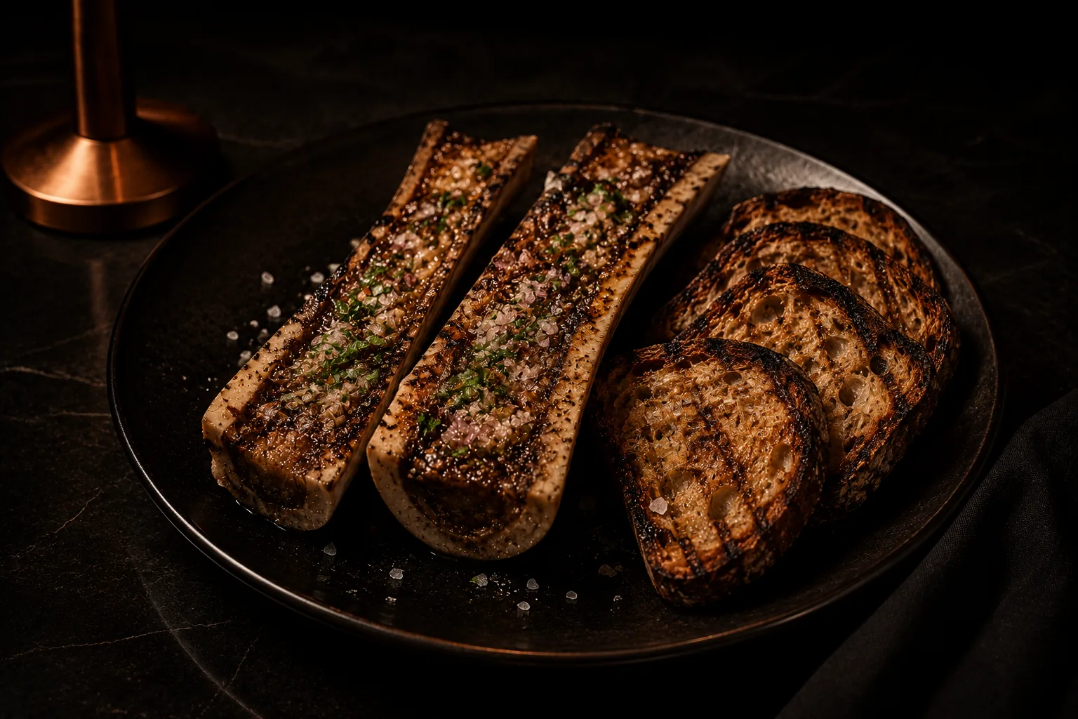 Os à moelle rôtis à la braise, échalote et persil, pain au levain grillé