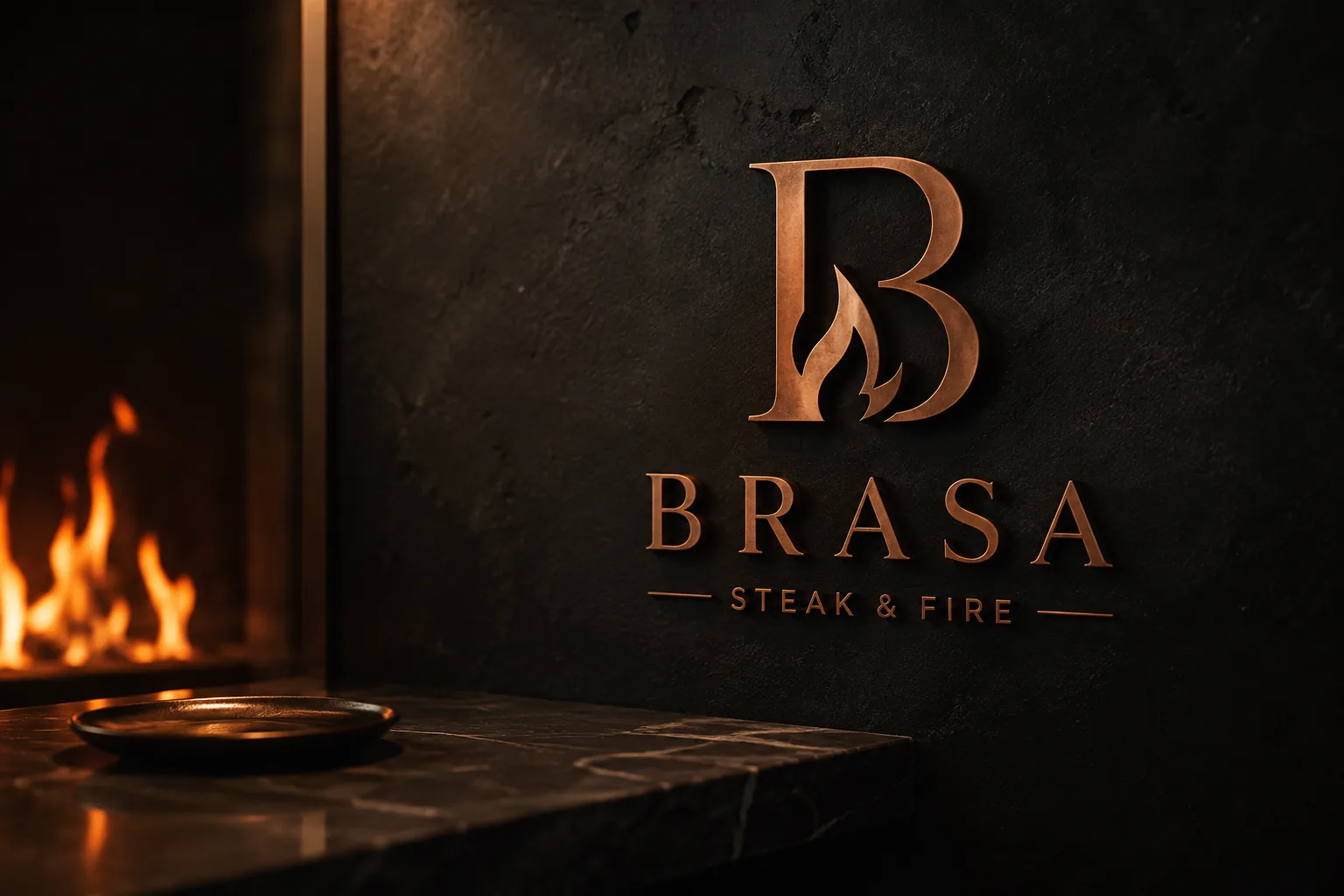 Enseigne cuivre BRASA sur mur de pierre noire, près du foyer