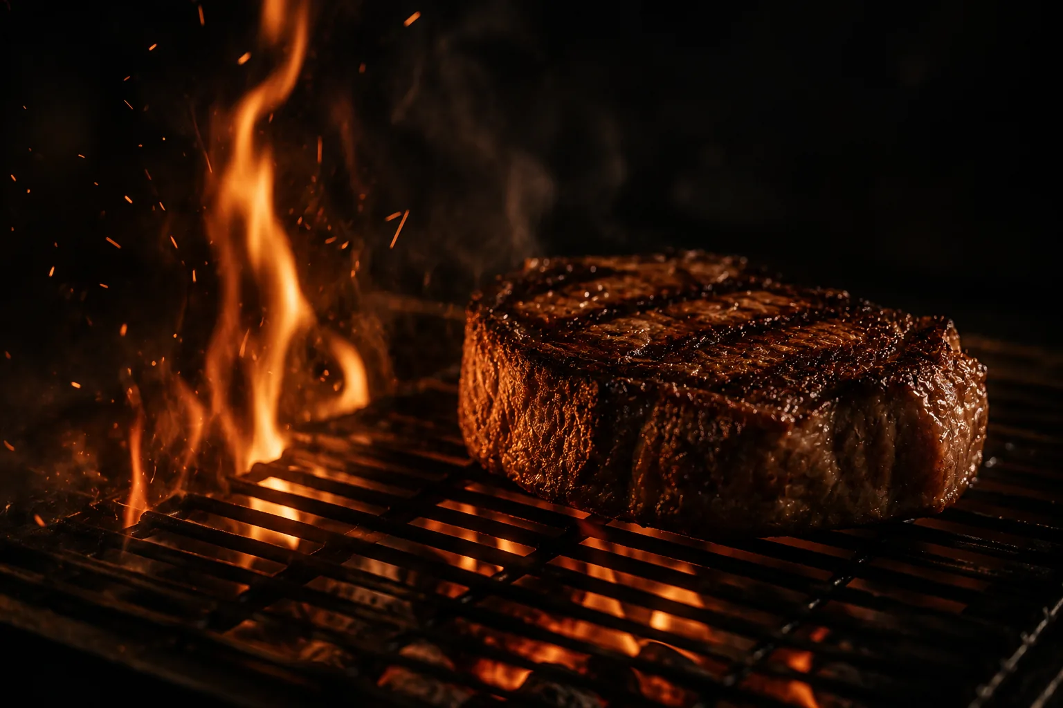 Pièce de bœuf sur la grille, flammes vives et fumée