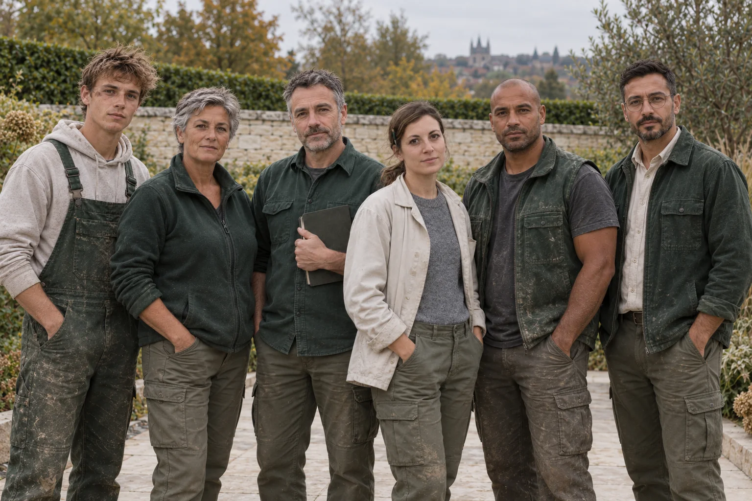Les six membres de l'équipe Noverde, debout devant un muret de pierre dans un jardin achevé