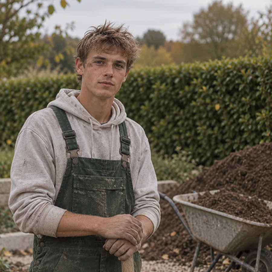 Tom Wagner, apprenti paysagiste, en salopette de travail verte