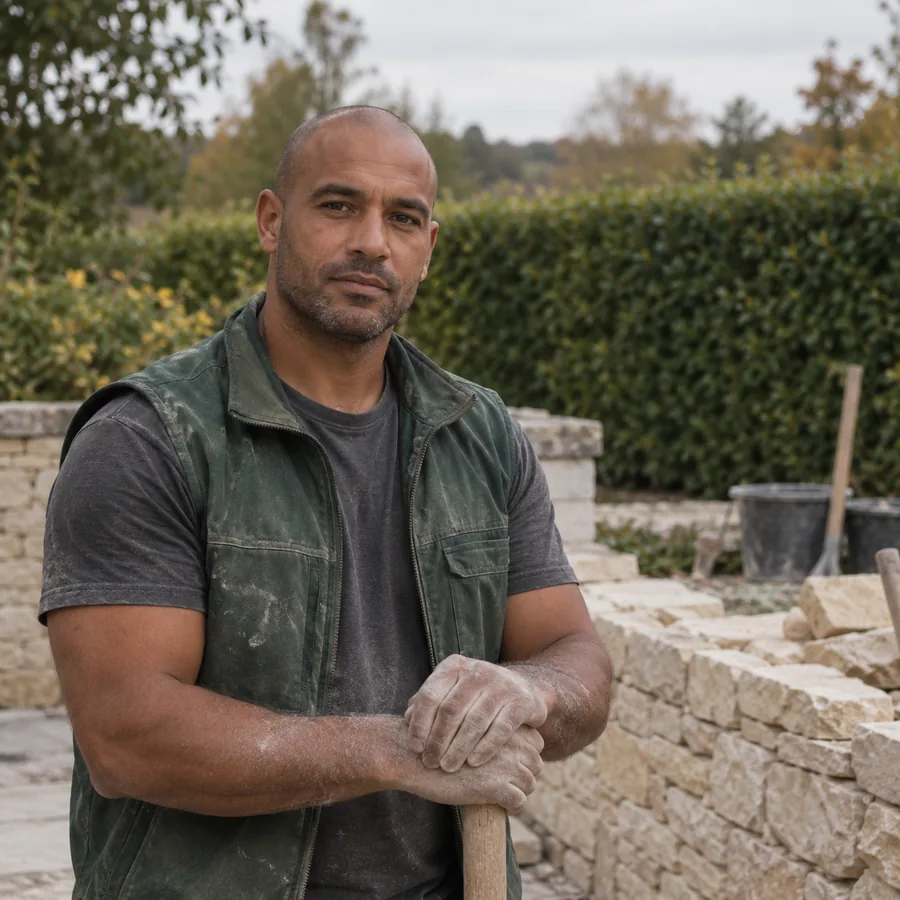 Yanis Meunier, chef de chantier, devant un muret de pierre en cours de montage