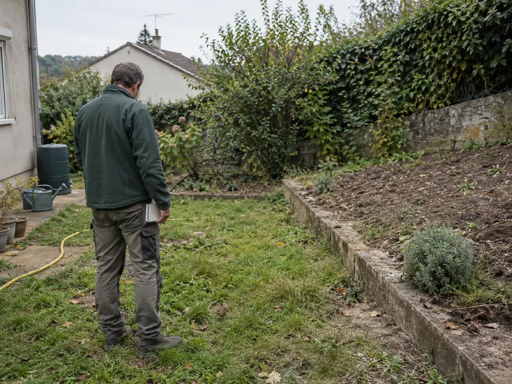 Un paysagiste debout dans un jardin en friche, carnet à la main