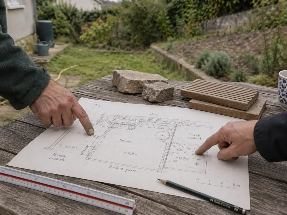 Plan de jardin dessiné à la main, posé sur une table avec des échantillons de pierre