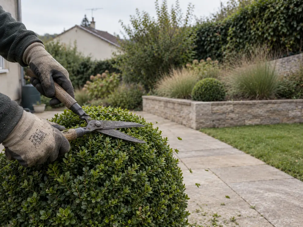 Taille d'une boule de buis à la cisaille, dans le jardin terminé