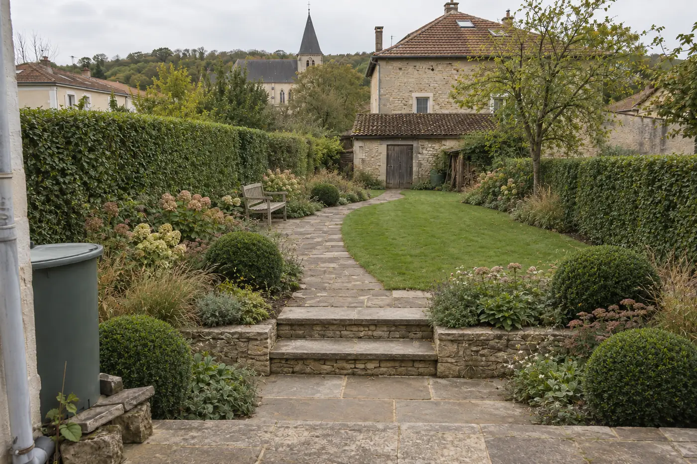 Le jardin terminé : terrasse en pierre, murets, buis taillés et pelouse